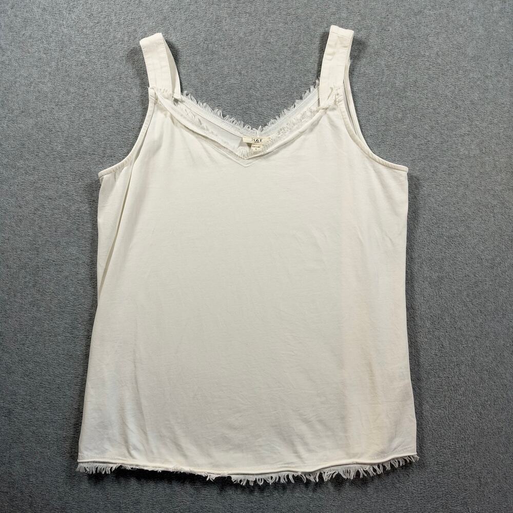 NZT by NIC+ZOE Tank Top Women's Medium White V-Neck Raw Hem Frayed Fringe Edge